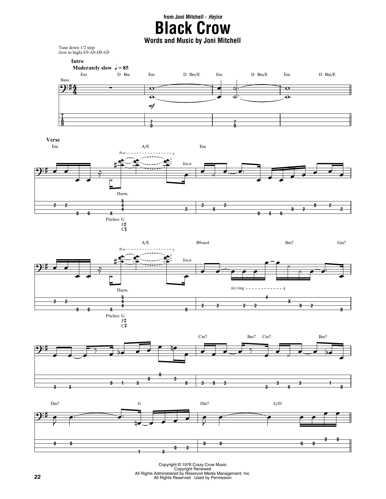 Joni Mitchell Black Crow sheet music notes and chords arranged for Bass Guitar Tab