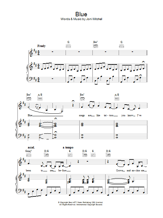 Joni Mitchell Blue sheet music notes and chords arranged for Piano, Vocal & Guitar Chords