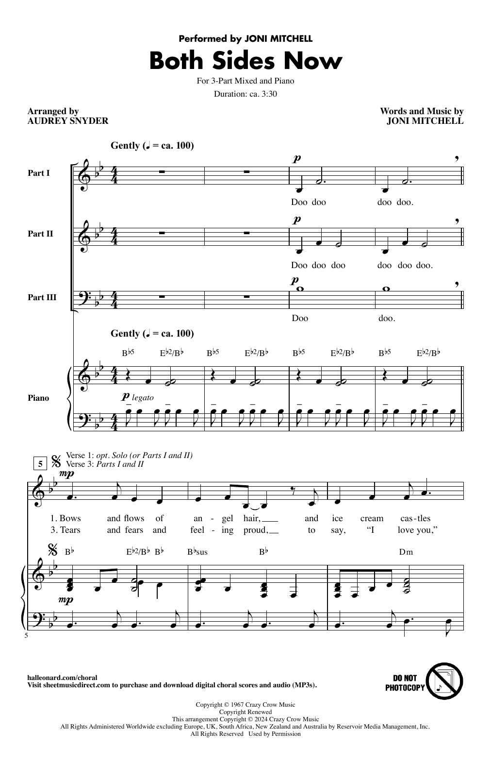 Joni Mitchell Both Sides Now (arr. Audrey Snyder) sheet music notes and chords arranged for 3-Part Mixed Choir