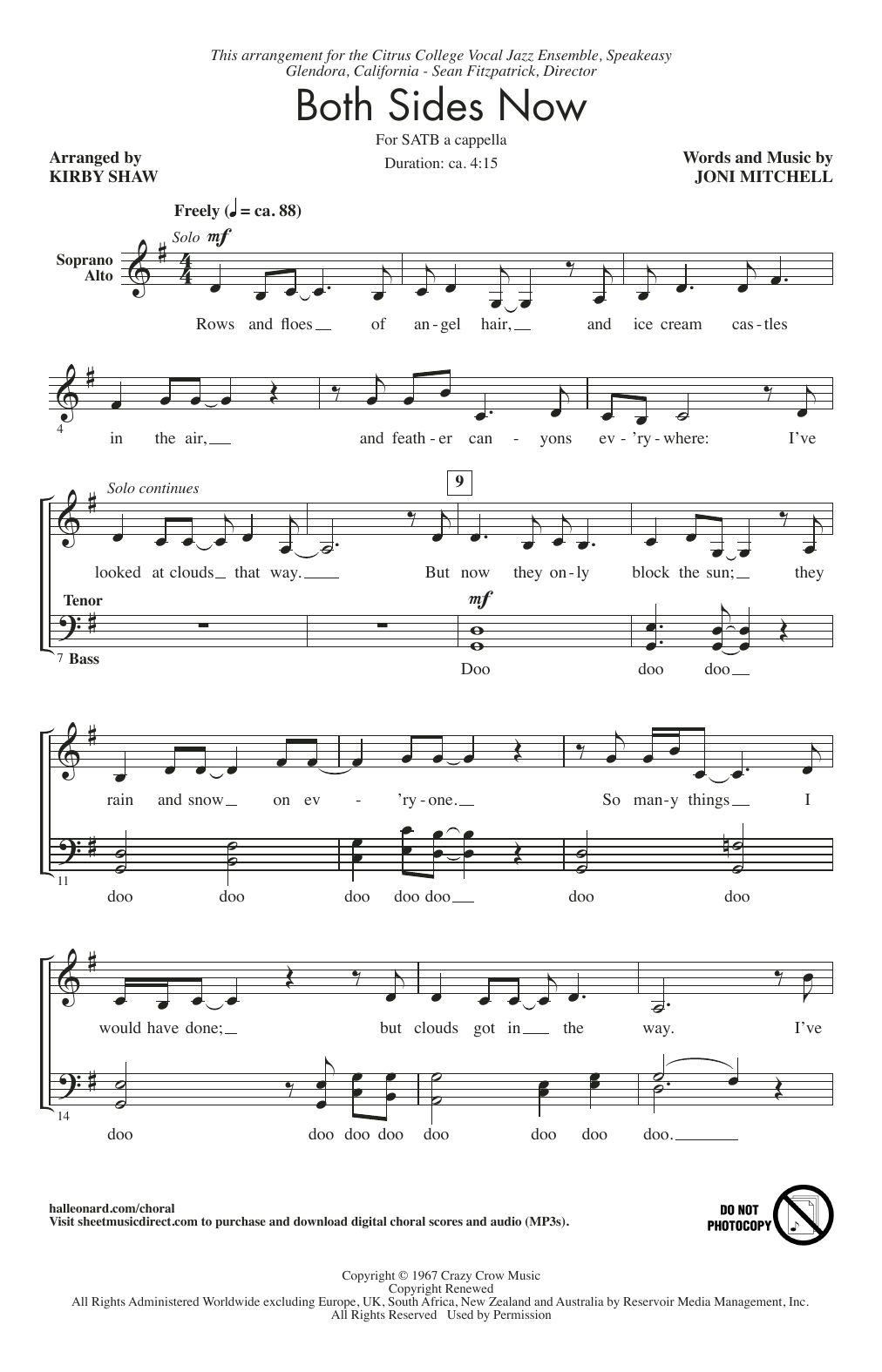 Joni Mitchell Both Sides Now (arr. Kirby Shaw) sheet music notes and chords arranged for SATB Choir
