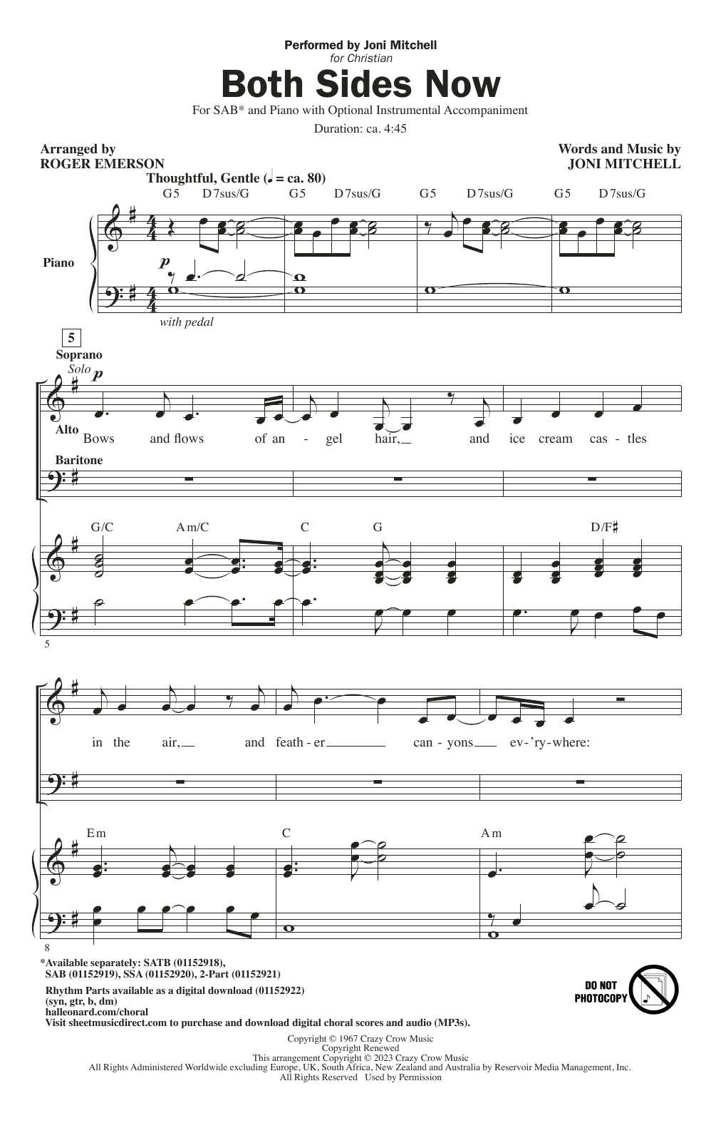 Joni Mitchell Both Sides Now (arr. Roger Emerson) sheet music notes and chords arranged for SATB Choir
