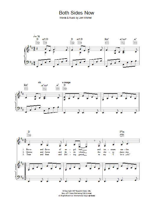 Joni Mitchell Both Sides Now sheet music notes and chords arranged for Easy Piano