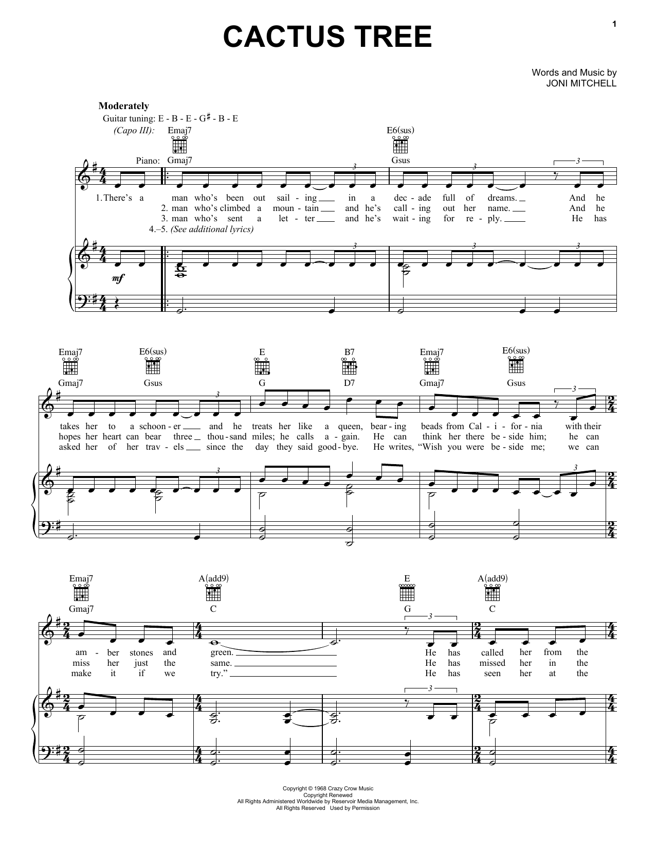 Joni Mitchell Cactus Tree sheet music notes and chords arranged for Piano, Vocal & Guitar Chords (Right-Hand Melody)