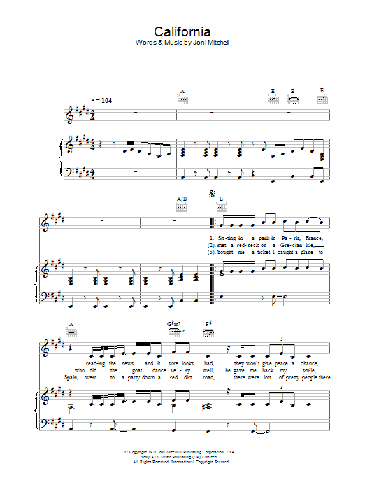 Joni Mitchell California sheet music notes and chords arranged for Piano, Vocal & Guitar Chords