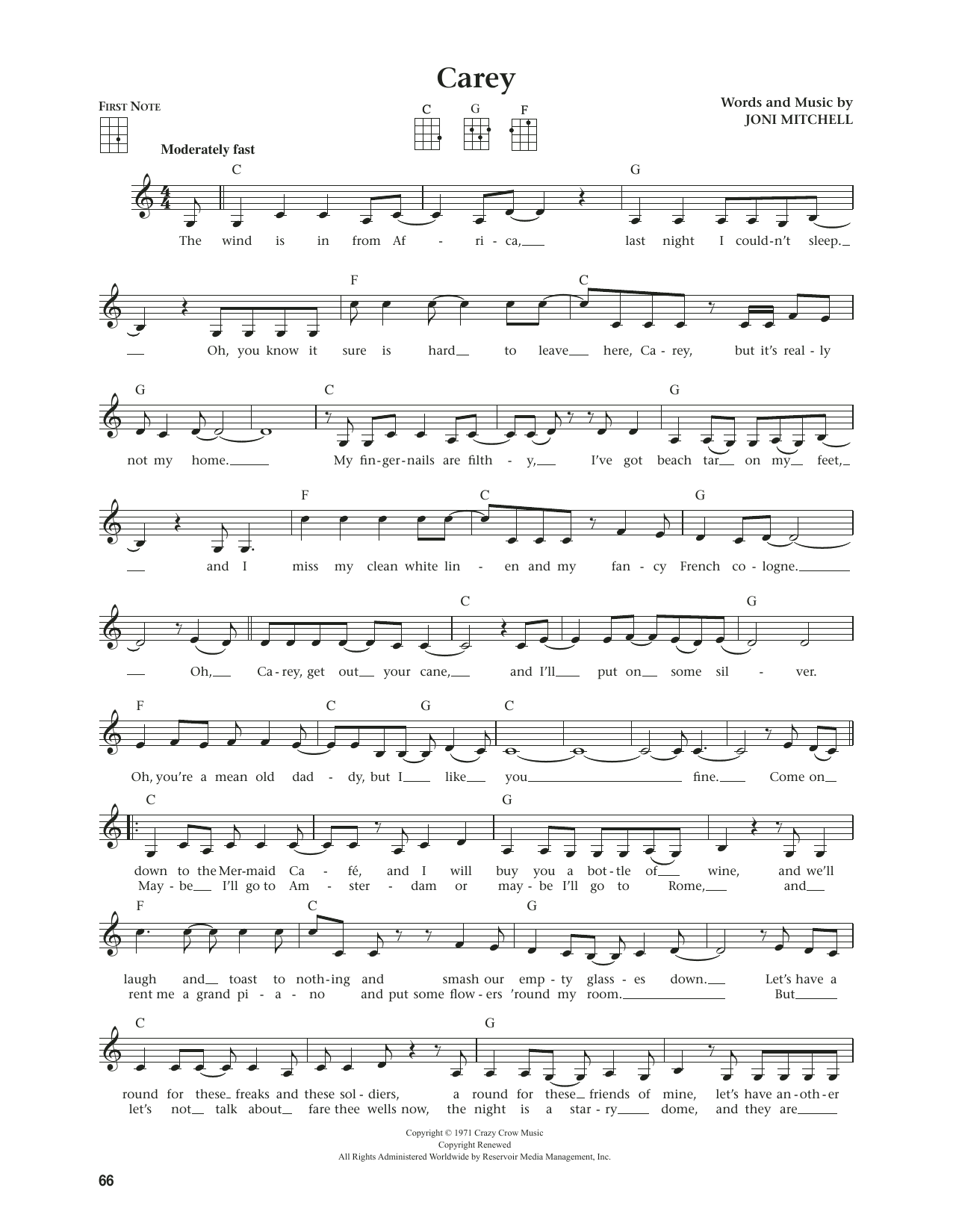Joni Mitchell Carey (from The Daily Ukulele) (arr. Jim Beloff) sheet music notes and chords arranged for Ukulele