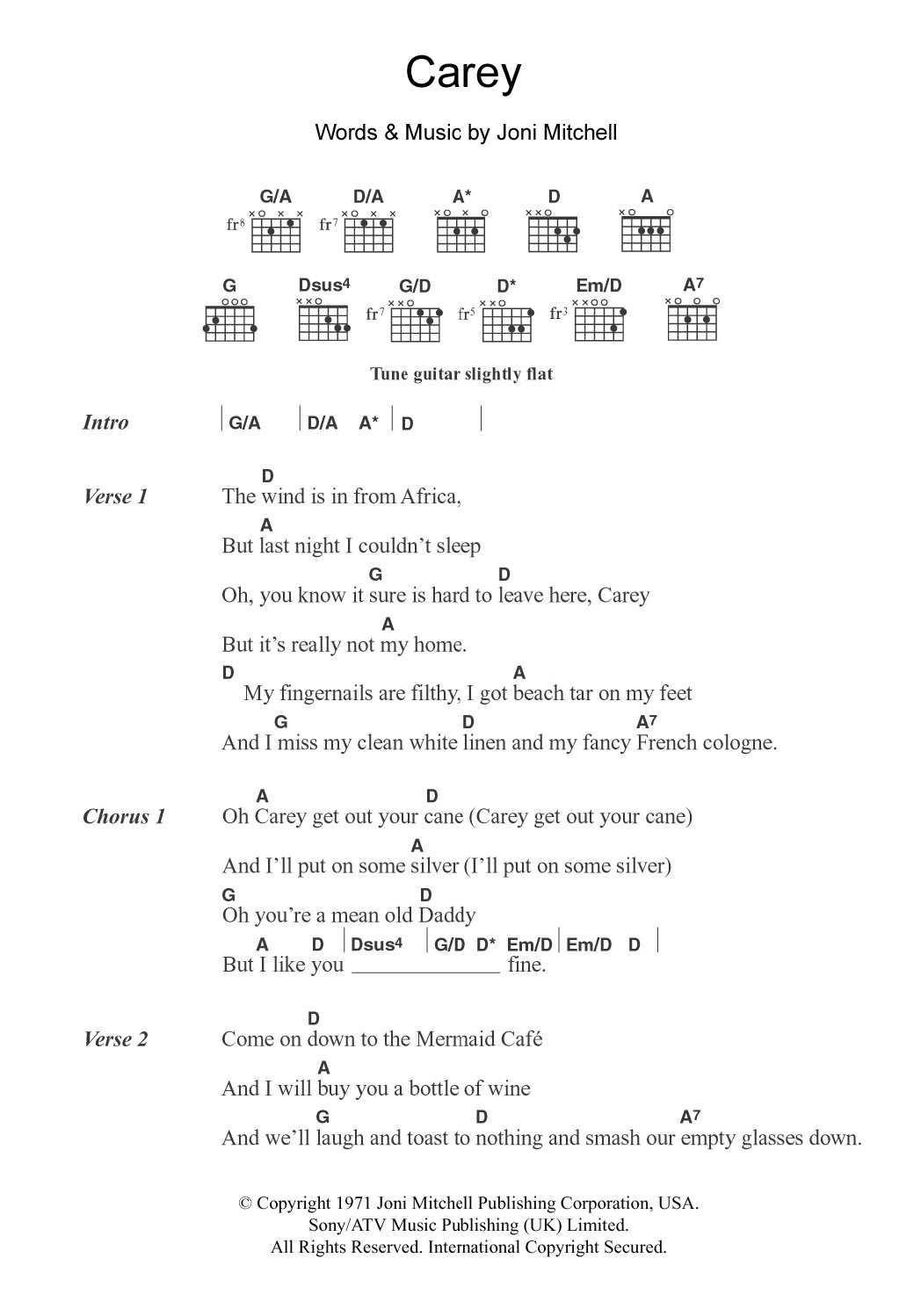 Joni Mitchell Carey sheet music notes and chords arranged for Guitar Chords/Lyrics