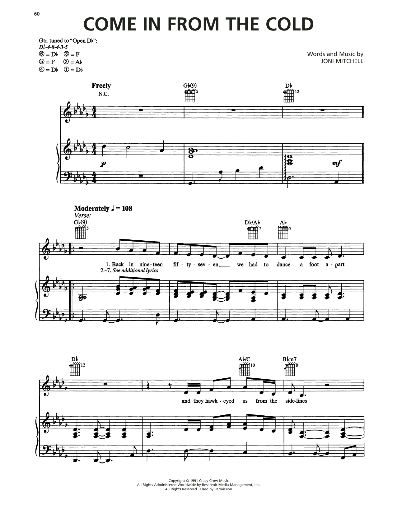 Joni Mitchell Come In From The Cold sheet music notes and chords arranged for Piano, Vocal & Guitar Chords (Right-Hand Melody)