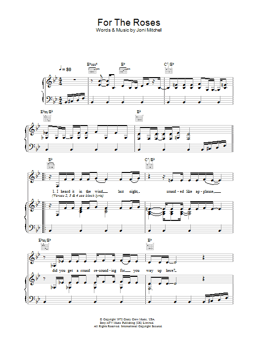 Joni Mitchell For The Roses sheet music notes and chords arranged for Piano, Vocal & Guitar Chords