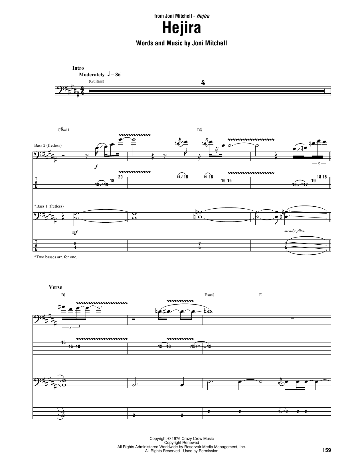 Joni Mitchell Hejira sheet music notes and chords arranged for Bass Guitar Tab