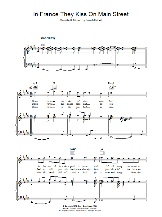Joni Mitchell In France They Kiss On Main Street sheet music notes and chords arranged for Piano, Vocal & Guitar Chords