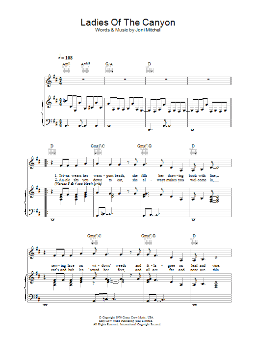 Joni Mitchell Ladies Of The Canyon sheet music notes and chords arranged for Piano, Vocal & Guitar Chords