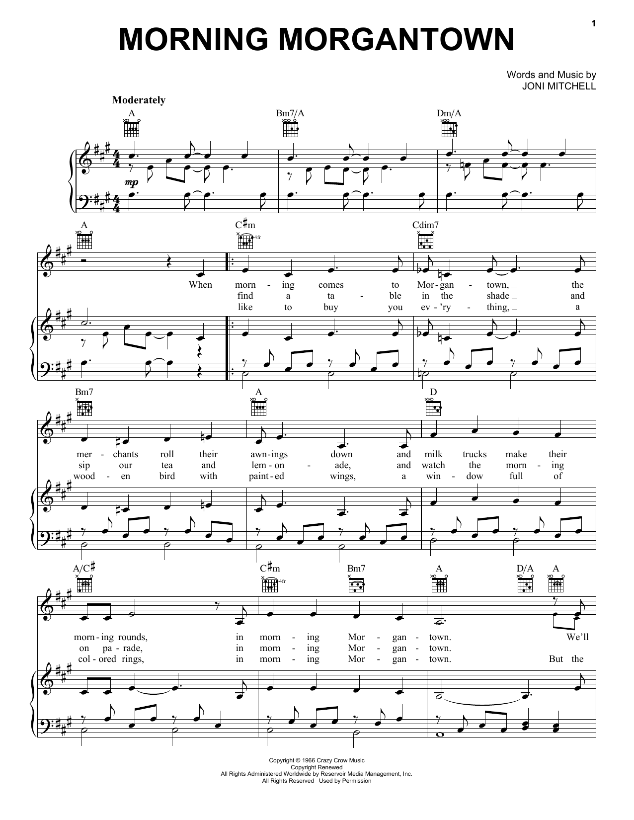 Joni Mitchell Morning Morgantown sheet music notes and chords arranged for Piano, Vocal & Guitar Chords (Right-Hand Melody)
