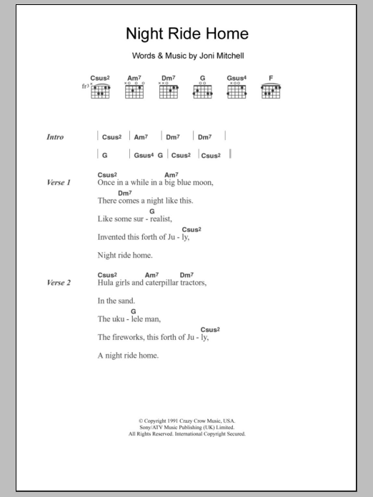 Joni Mitchell Night Ride Home sheet music notes and chords arranged for Guitar Chords/Lyrics