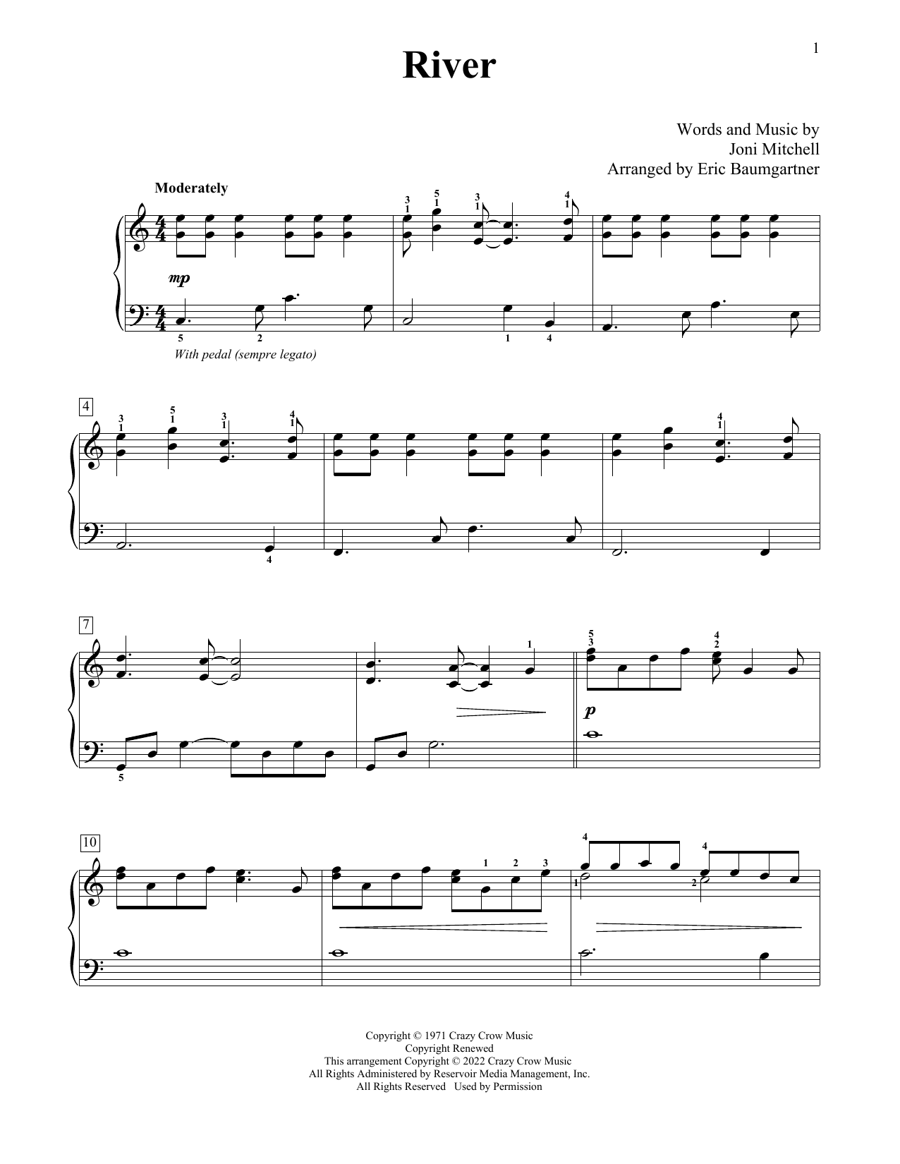 Joni Mitchell River (arr. Eric Baumgartner) sheet music notes and chords arranged for Educational Piano