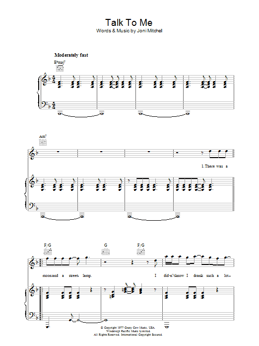 Joni Mitchell Talk To Me sheet music notes and chords arranged for Piano, Vocal & Guitar Chords