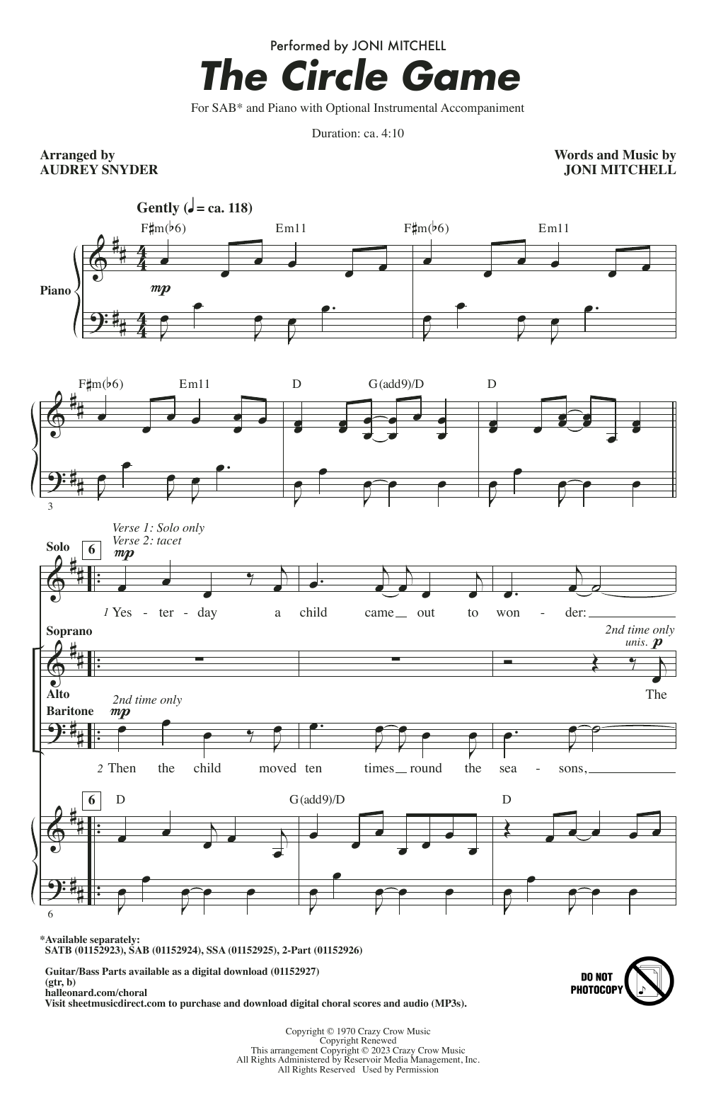 Joni Mitchell The Circle Game (arr. Audrey Snyder) sheet music notes and chords arranged for SSA Choir