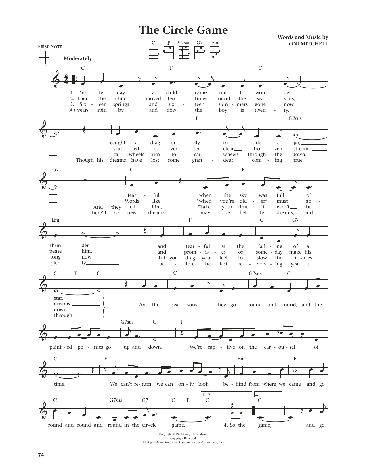 Joni Mitchell The Circle Game (from The Daily Ukulele) (arr. Jim Beloff) sheet music notes and chords arranged for Ukulele