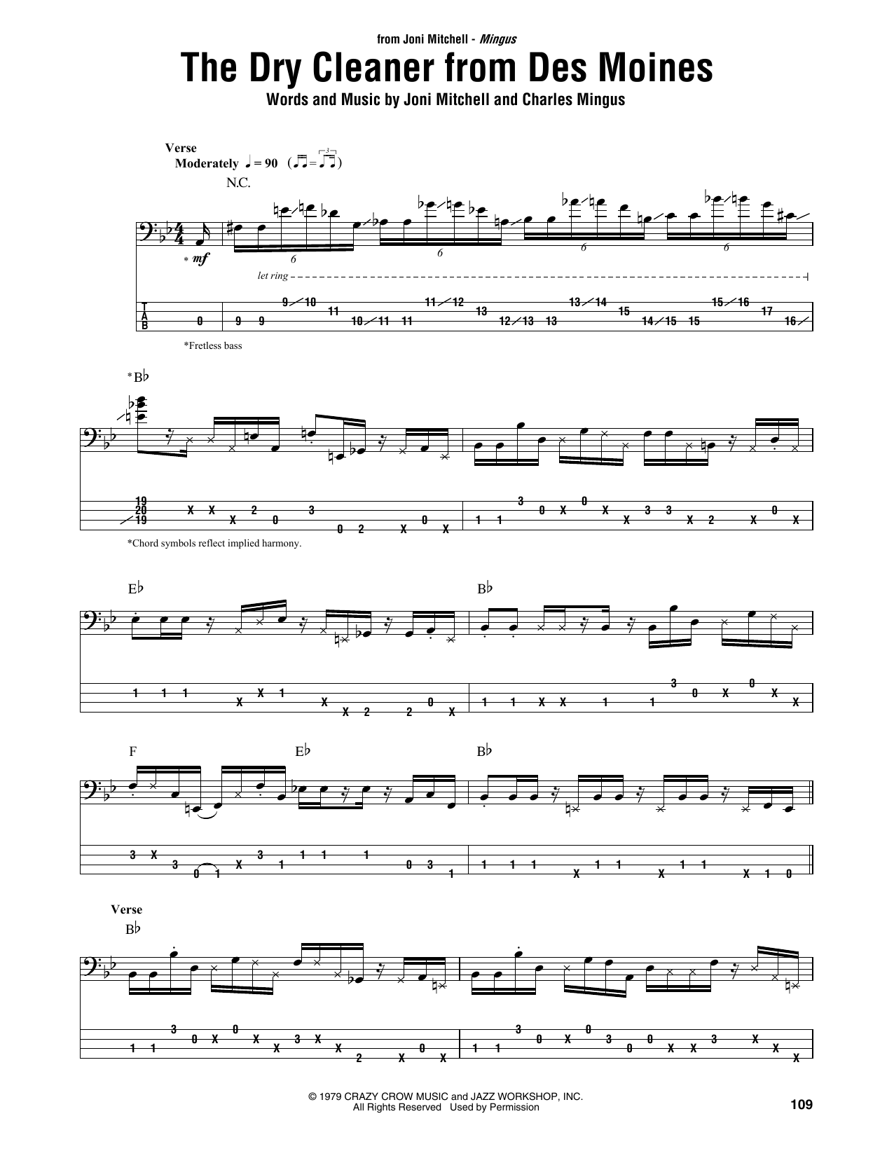 Joni Mitchell The Dry Cleaner From Des Moines sheet music notes and chords arranged for Bass Guitar Tab