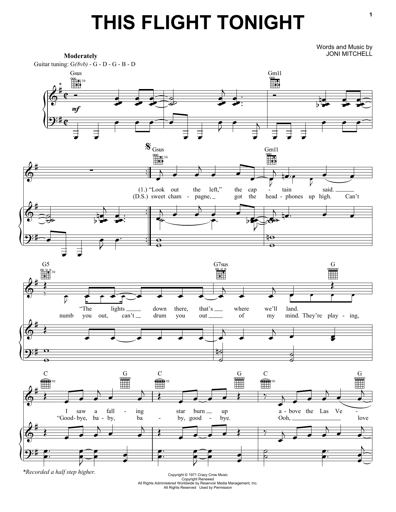 Joni Mitchell This Flight Tonight sheet music notes and chords arranged for Piano, Vocal & Guitar Chords (Right-Hand Melody)