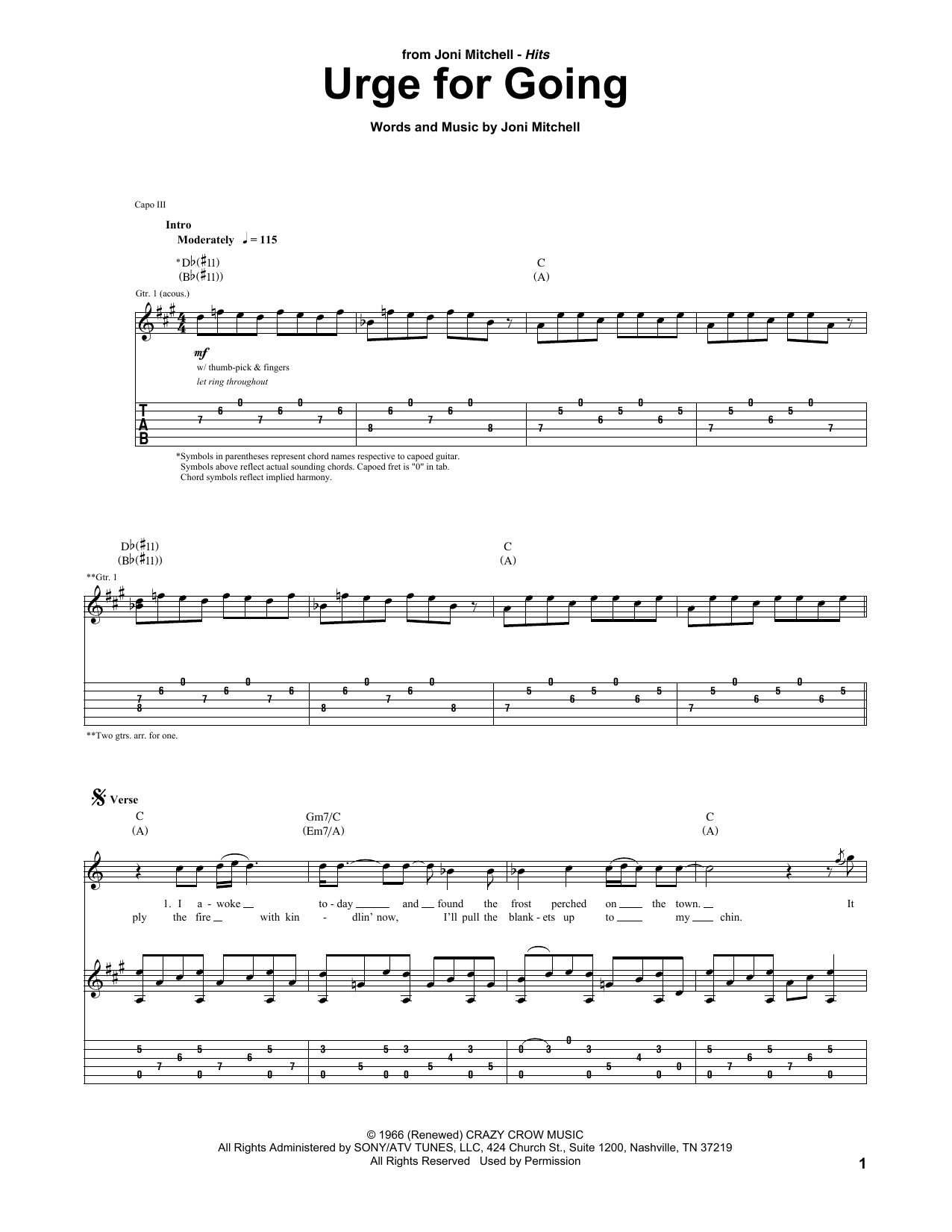 Joni Mitchell Urge For Going sheet music notes and chords arranged for Guitar Tab