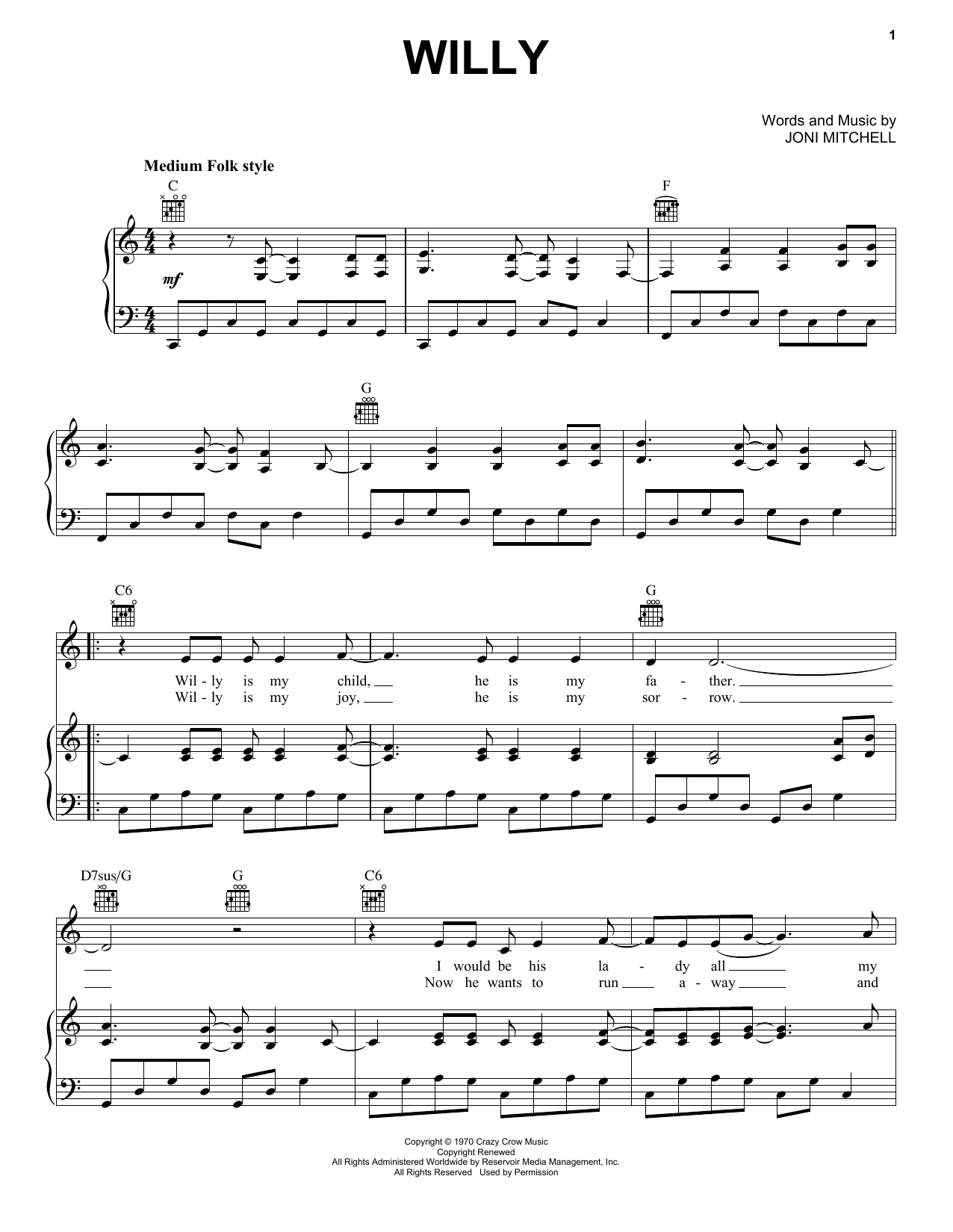 Joni Mitchell Willy sheet music notes and chords arranged for Piano, Vocal & Guitar Chords (Right-Hand Melody)