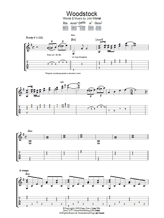Joni Mitchell Woodstock sheet music notes and chords arranged for Piano, Vocal & Guitar Chords