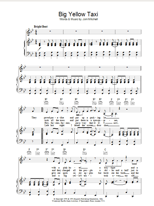 Joni Mitchell Big Yellow Taxi sheet music notes and chords. Download Printable PDF.