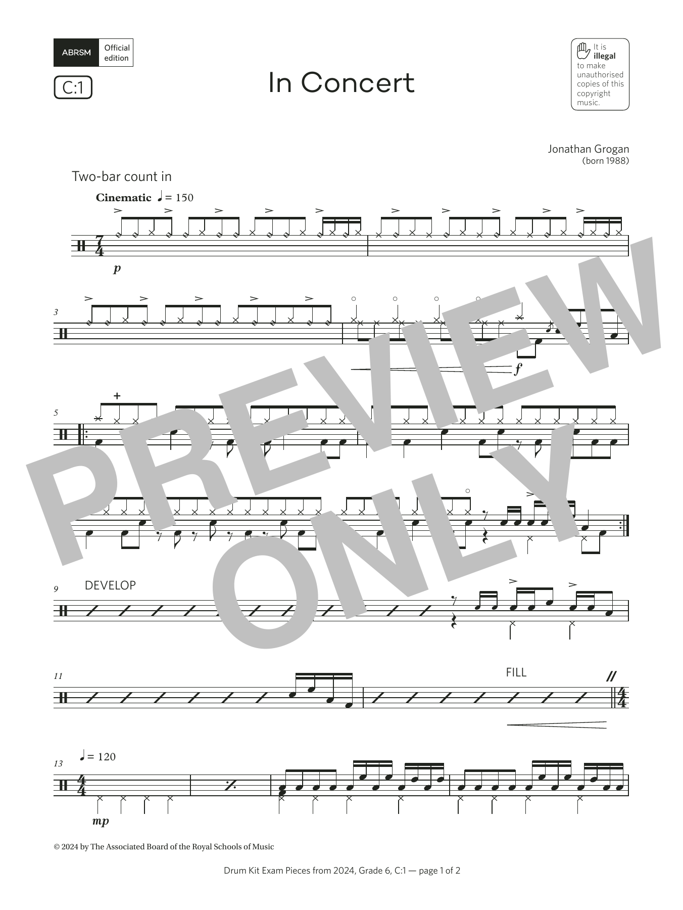 Jonny Grogan In Concert (Grade 6, list C1, from the ABRSM Drum Kit Syllabus 2024) sheet music notes and chords arranged for Drums