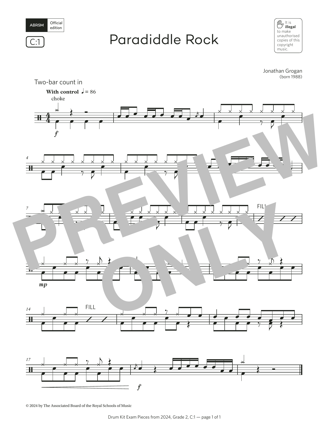 Jonny Grogan Paradiddle Rock (Grade 2, list C1, from the ABRSM Drum Kit Syllabus 2024) sheet music notes and chords arranged for Drums