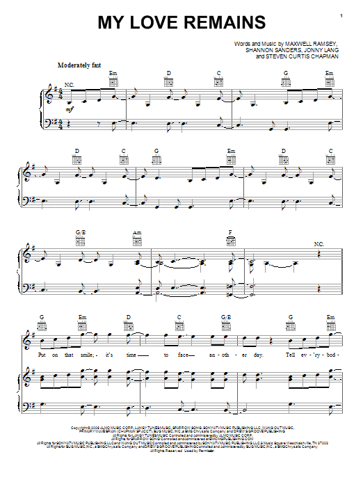 Jonny Lang My Love Remains sheet music notes and chords arranged for Piano, Vocal & Guitar Chords (Right-Hand Melody)