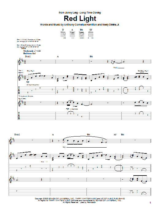 Jonny Lang Red Light sheet music notes and chords arranged for Guitar Tab