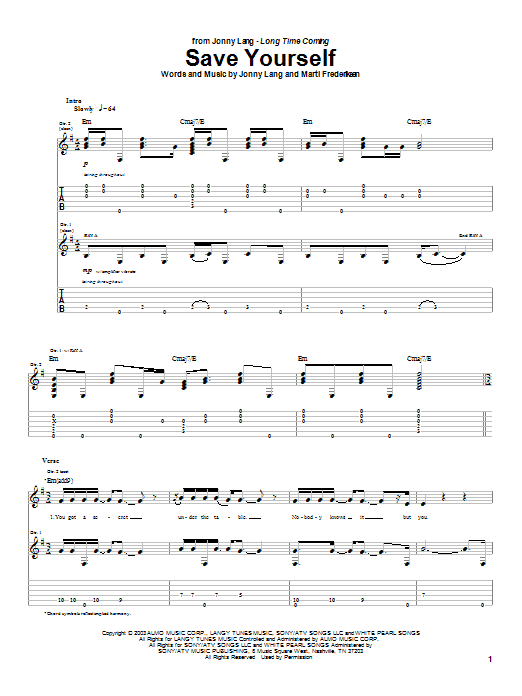 Jonny Lang Save Yourself sheet music notes and chords arranged for Guitar Tab