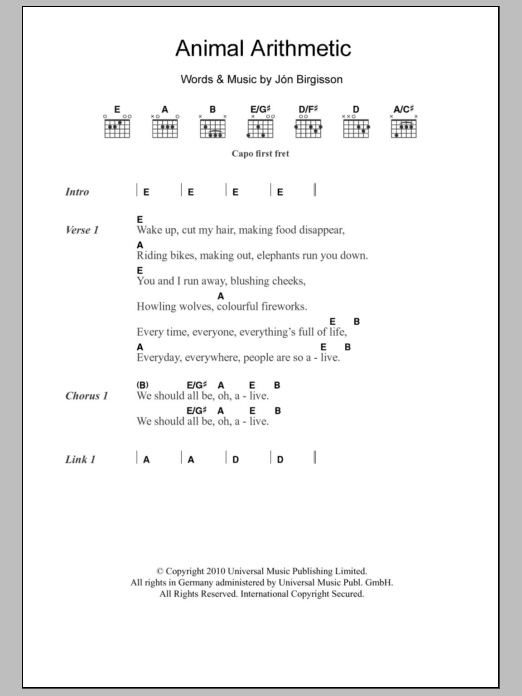 Jonsi Animal Arithmetic sheet music notes and chords arranged for Guitar Chords/Lyrics