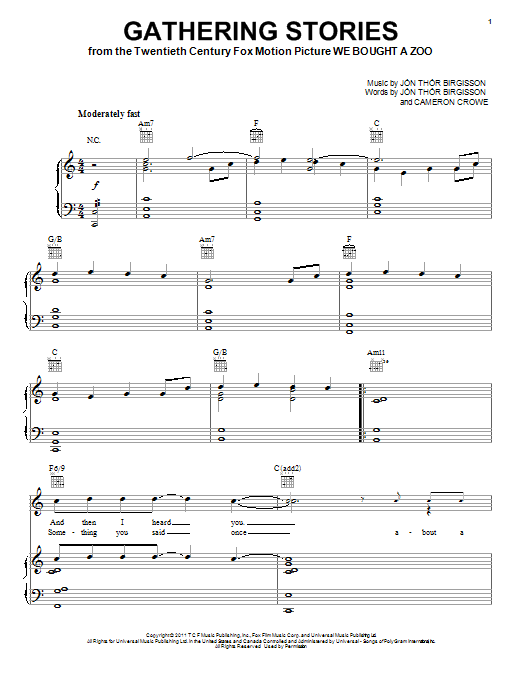Jonsi Gathering Stories sheet music notes and chords arranged for Piano, Vocal & Guitar Chords (Right-Hand Melody)