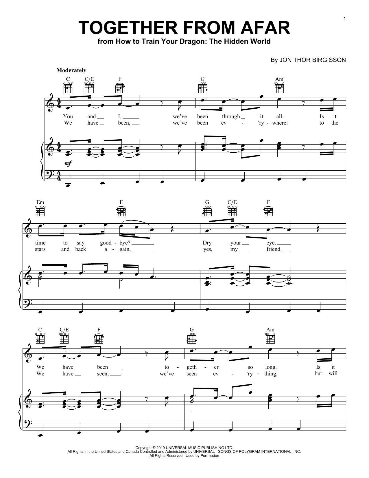 Jonsi Together From Afar (from How to Train Your Dragon: The Hidden World) sheet music notes and chords arranged for Piano, Vocal & Guitar Chords (Right-Hand Melody)