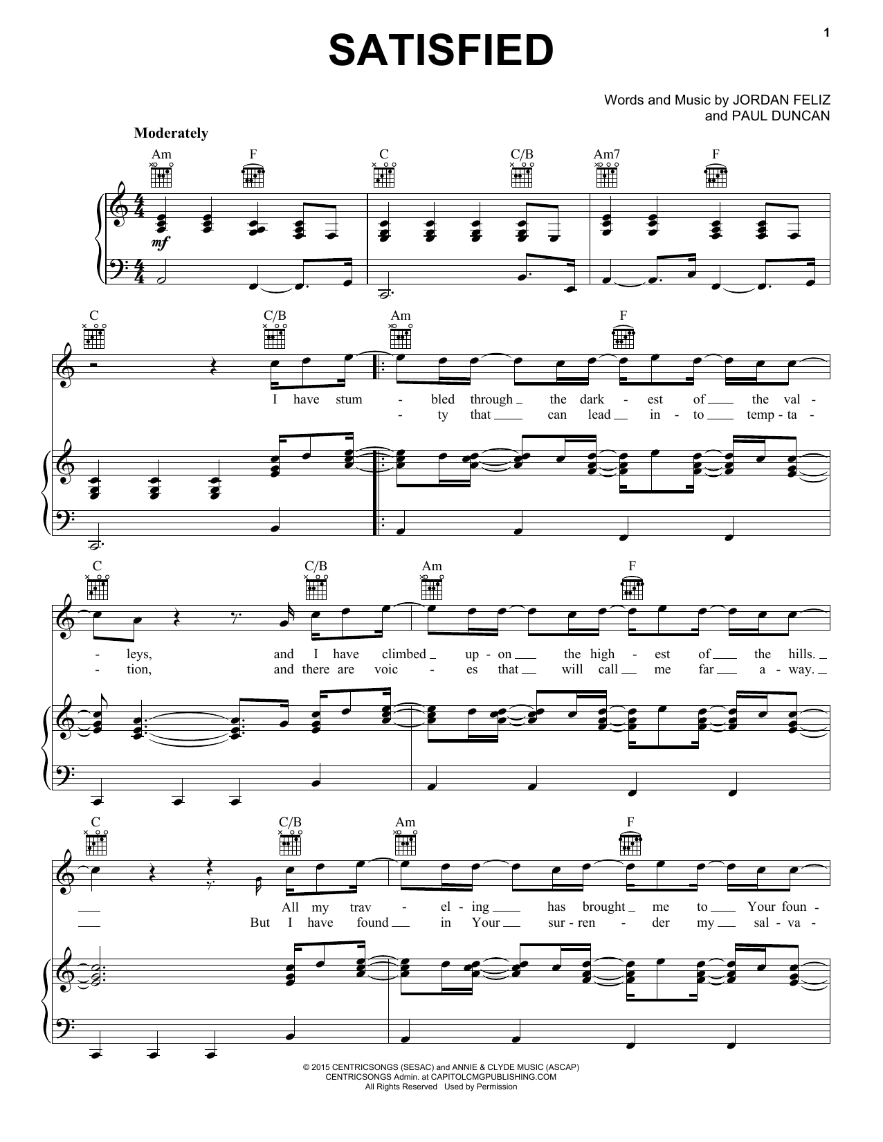 Jordan Feliz Satisfied sheet music notes and chords arranged for Piano, Vocal & Guitar Chords (Right-Hand Melody)