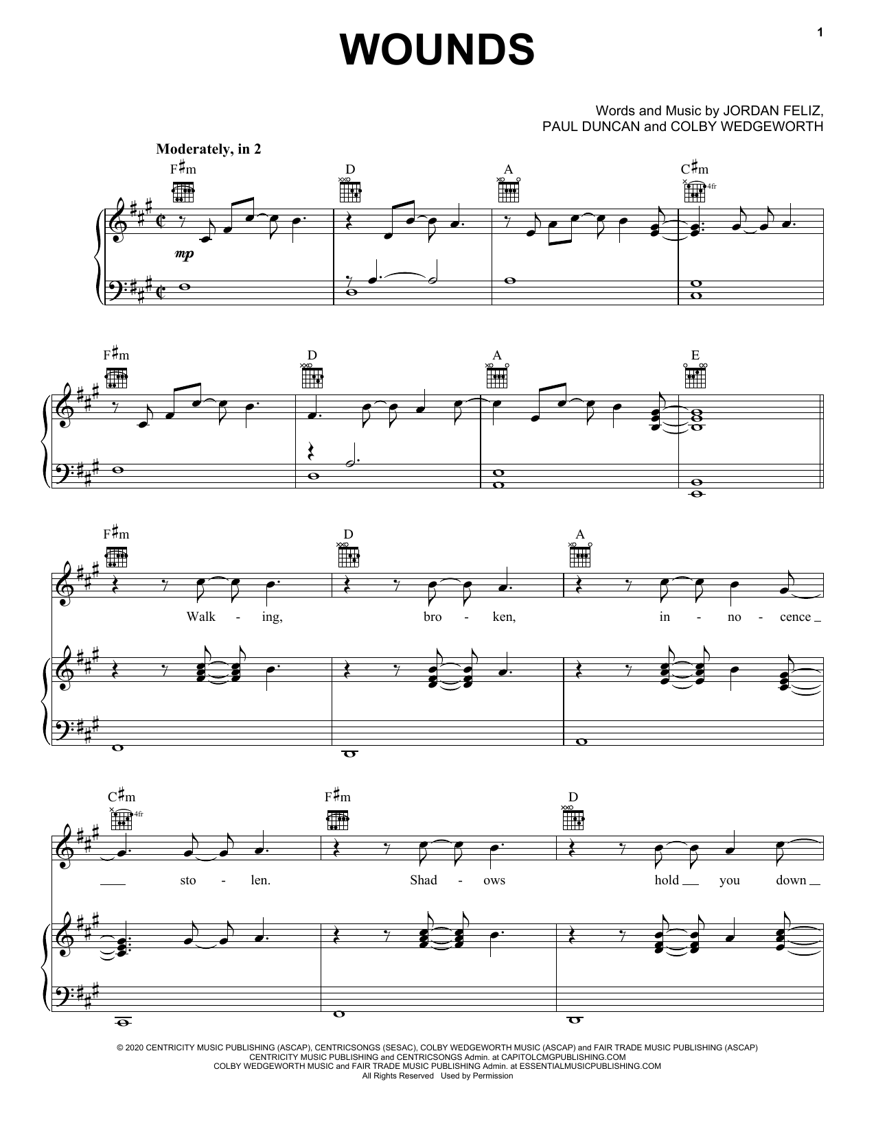 Jordan Feliz Wounds sheet music notes and chords arranged for Piano, Vocal & Guitar Chords (Right-Hand Melody)