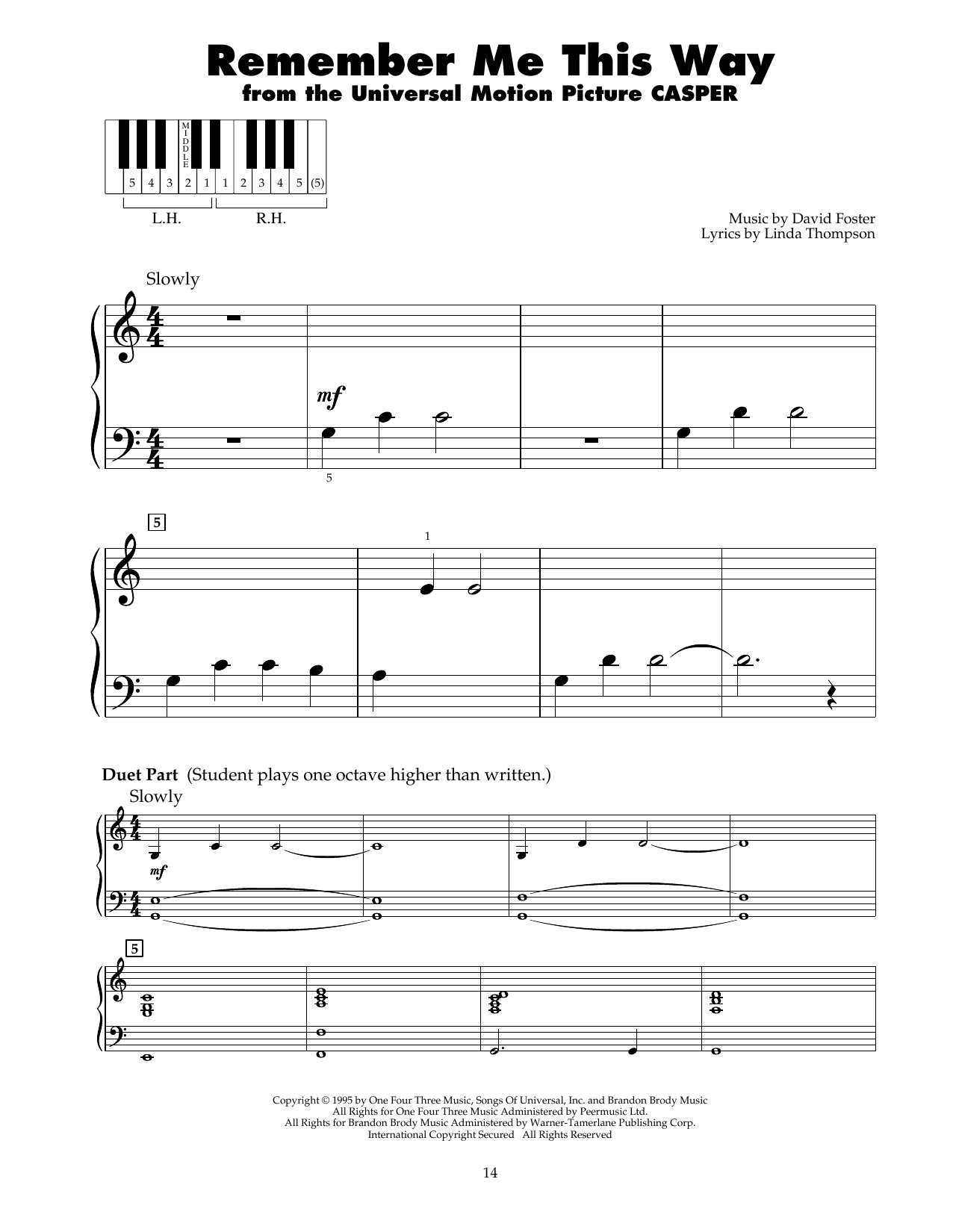 Jordan Hill Remember Me This Way (from Casper) sheet music notes and chords arranged for 5-Finger Piano