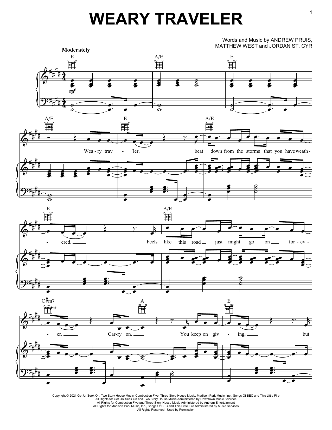 Jordan St. Cyr Weary Traveler sheet music notes and chords arranged for Piano, Vocal & Guitar Chords (Right-Hand Melody)