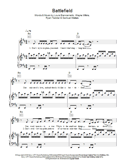 Jordin Sparks Battlefield sheet music notes and chords arranged for Piano, Vocal & Guitar Chords