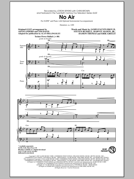 Jordin Sparks No Air (from Glee) (adapt. Alan Billingsley) sheet music notes and chords arranged for SATB Choir