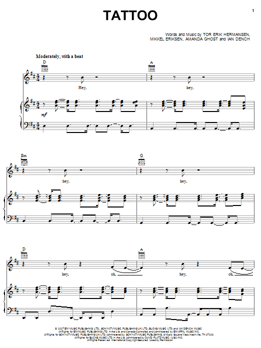 Jordin Sparks Tattoo sheet music notes and chords arranged for Piano, Vocal & Guitar Chords (Right-Hand Melody)