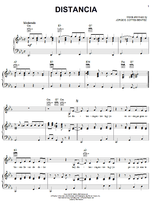 Jorge E. Cottes Benitez Distancia sheet music notes and chords arranged for Piano, Vocal & Guitar Chords (Right-Hand Melody)