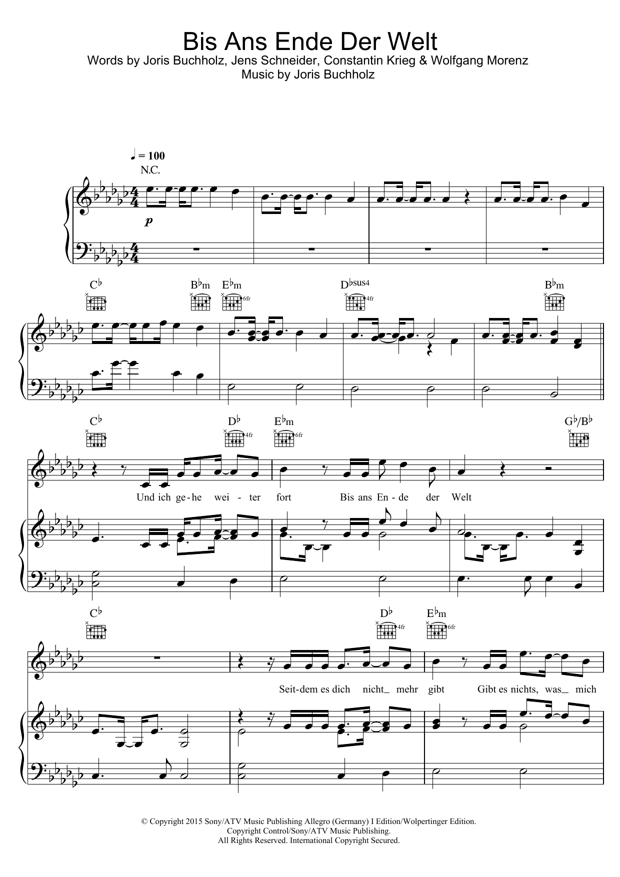 Joris Bis Ans Ende Der Welt sheet music notes and chords arranged for Piano, Vocal & Guitar Chords