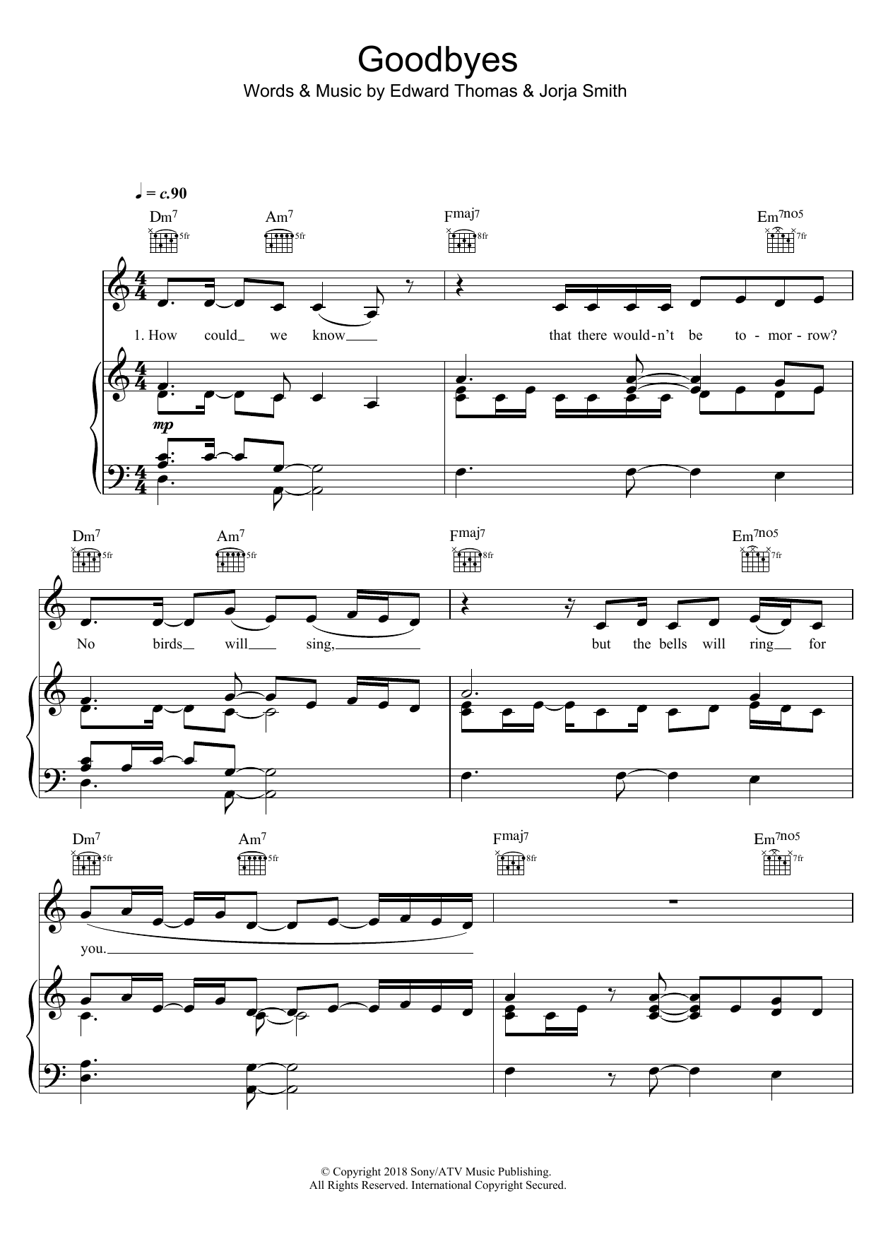 Jorja Smith Goodbyes sheet music notes and chords arranged for Piano, Vocal & Guitar Chords