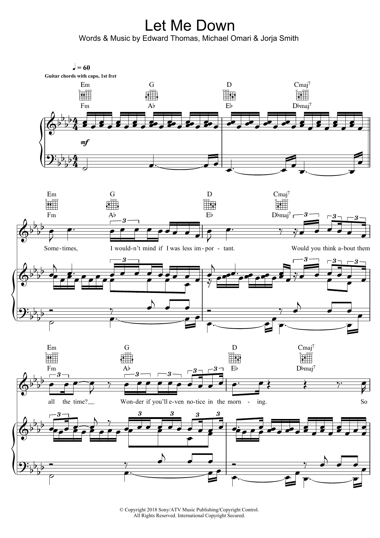 Jorja Smith Let Me Down (featuring Stormzy) sheet music notes and chords arranged for Piano, Vocal & Guitar Chords