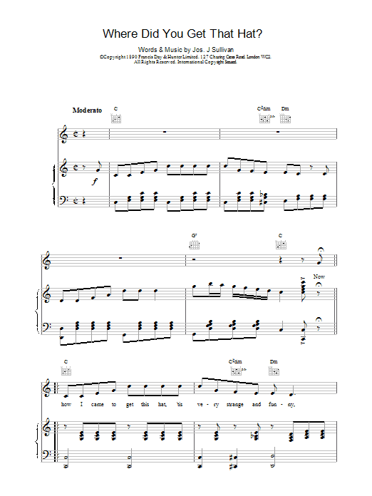 Jos J Sullivan Where Did You Get That Hat? sheet music notes and chords arranged for Piano, Vocal & Guitar Chords