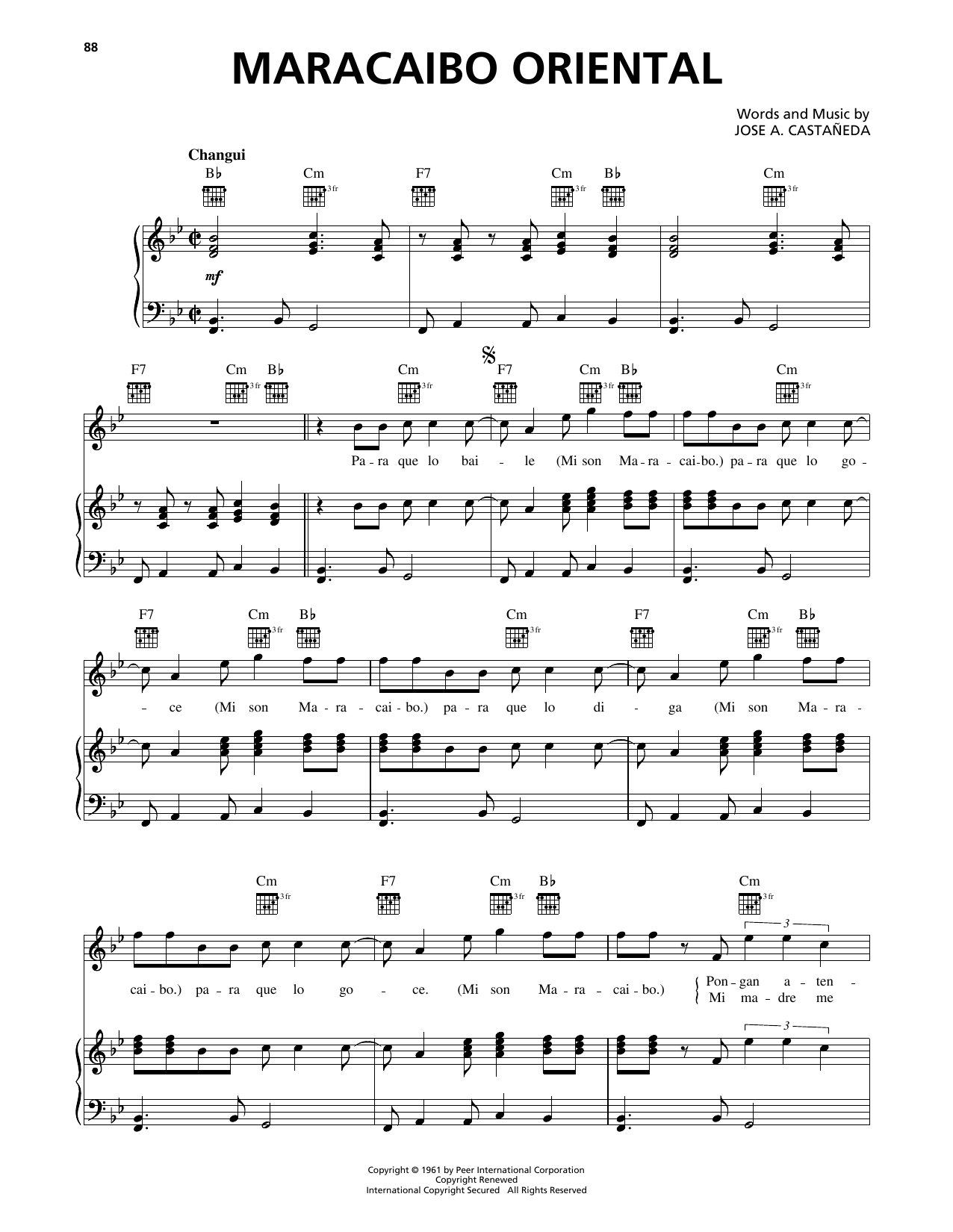 Jose A. Castaneda Maracaibo Oriental sheet music notes and chords arranged for Piano, Vocal & Guitar Chords (Right-Hand Melody)