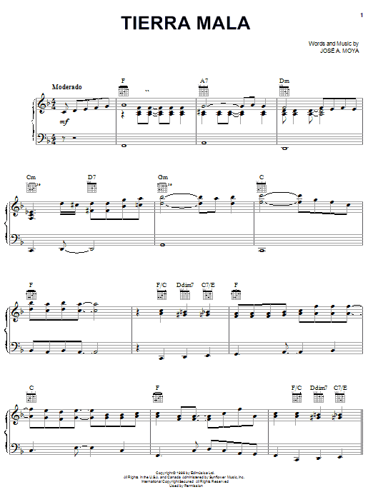 José A. Moya Tierra Mala sheet music notes and chords arranged for Piano, Vocal & Guitar Chords (Right-Hand Melody)