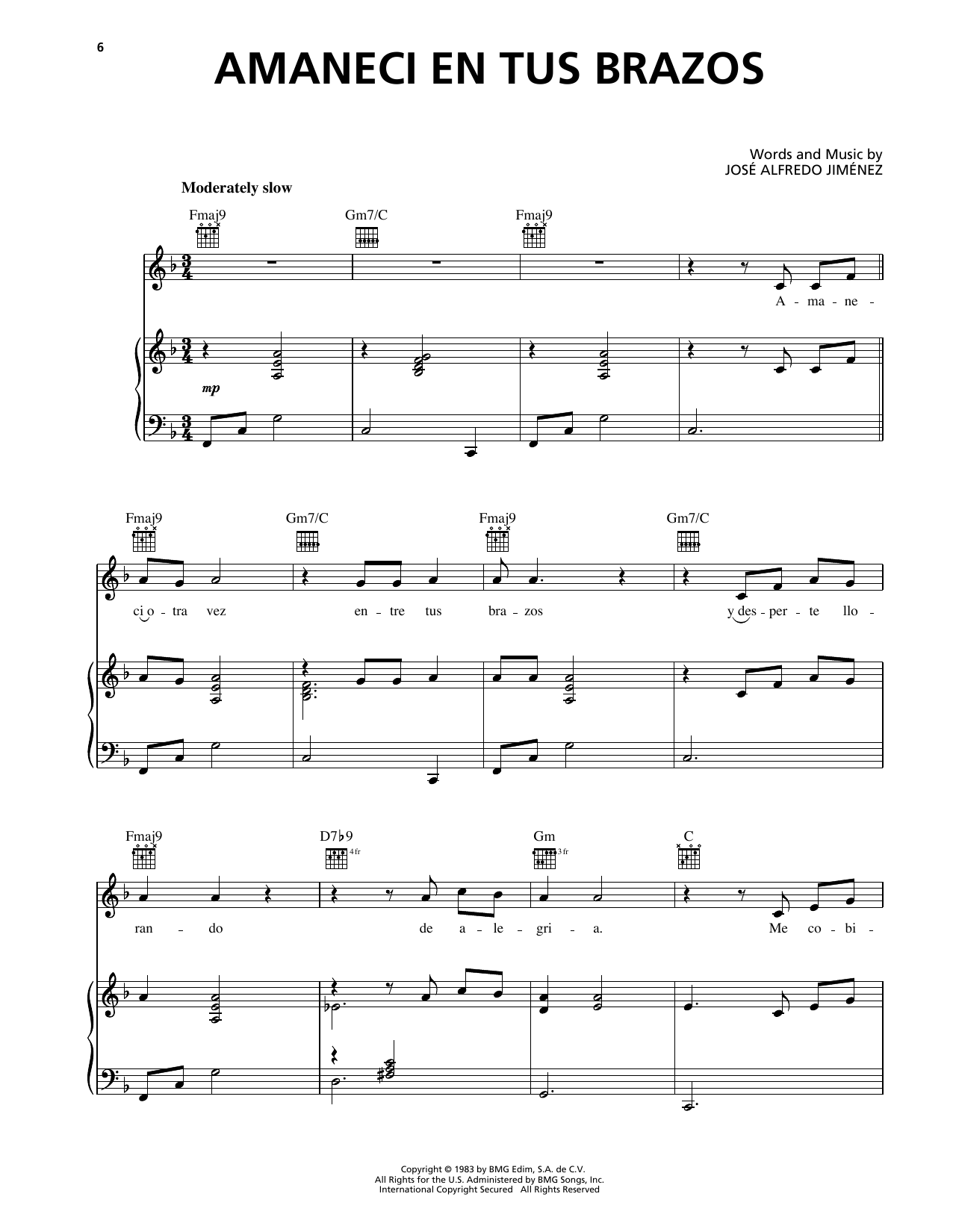 Jose Alfredo Jimenez Amaneci En Tus Brazos sheet music notes and chords arranged for Piano, Vocal & Guitar Chords (Right-Hand Melody)